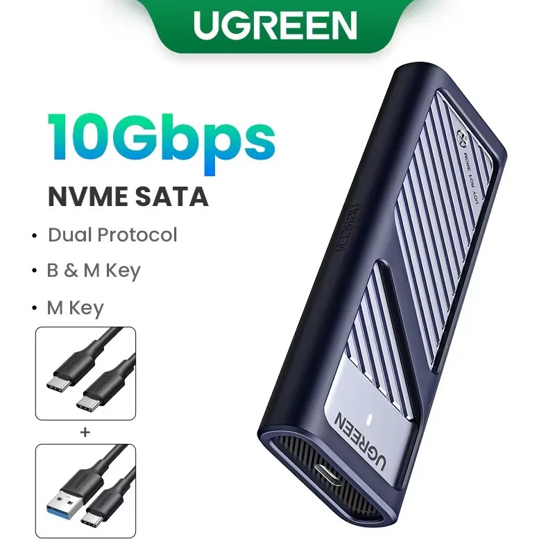 Зовнішня кишеня для SSD M.2 Ugreen Dual Protocol NVMe SATA USB 3.2 Gen 2 10Gbps Алюмінієвий корпус Підтримка UASP TRIM SMART Силіконовий чохол Темно-сірий