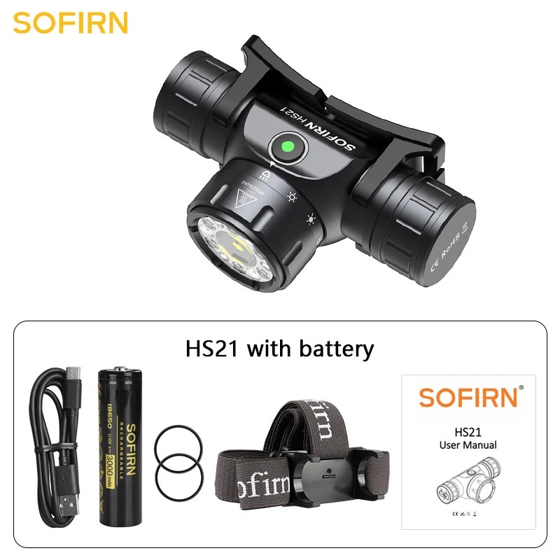 Налобний ліхтар SOFIRN HS21 + Акумулятор 3000mAh (2200Lm, 3 Спектри світла, 10 LED, USB-C, 18650, IP66)