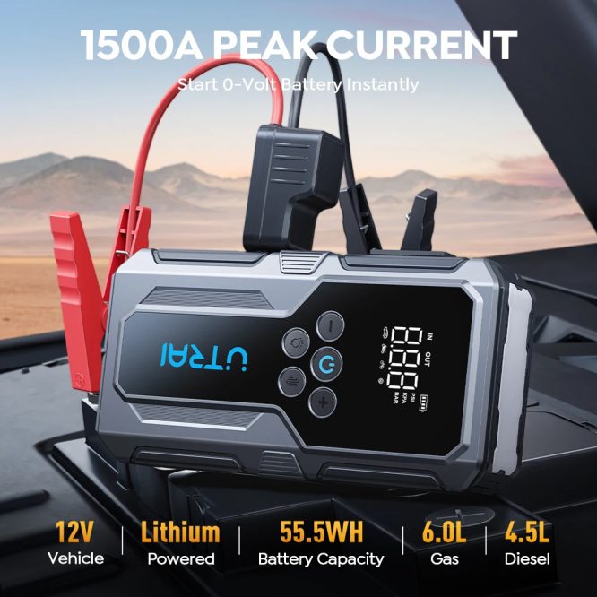 Пусковий зарядний пристрій бустер, Power bank - UTRAI 1500A Car Jump Starter + компресор 150 PSI — изображение 3