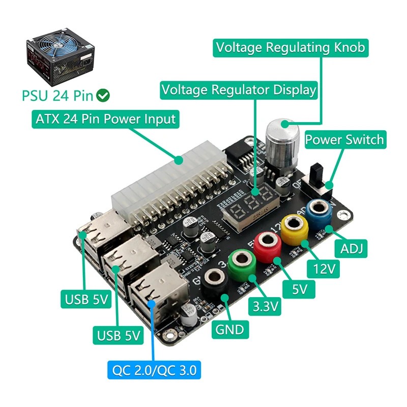 Адаптер - плата блока живлення ATX 24 - регульовка напруги, 6 портів USB 2.0, підтримує QC2.0 QC3.0