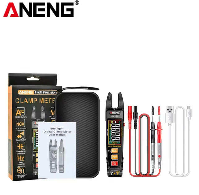 Струмовимірювальні кліщі ANENG PN130 акумуляторний мультиметр - тестер струму / напруги / опору + комплект щупів, чорний (97426382)