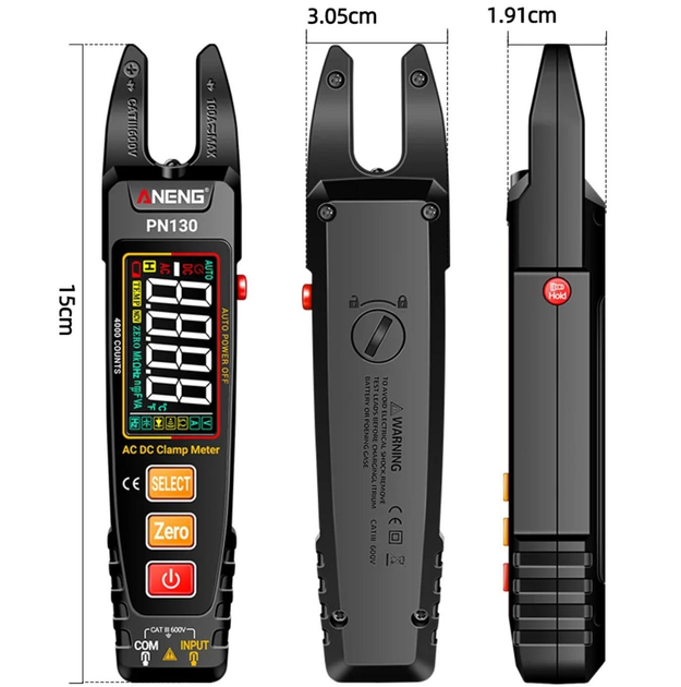 Струмовимірювальні кліщі ANENG PN130 акумуляторний мультиметр - тестер струму / напруги / опору + комплект щупів, чорний (97426382)