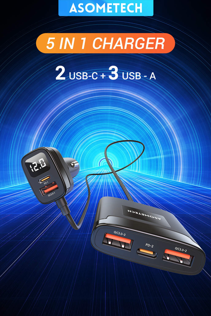 Автомобільний зарядний пристрій 5-в-1 ASOMETECH 78W PD3.0 QC4.0 LED-дисплей з виносним блоком car charger 3xUSB+2xTypeC.