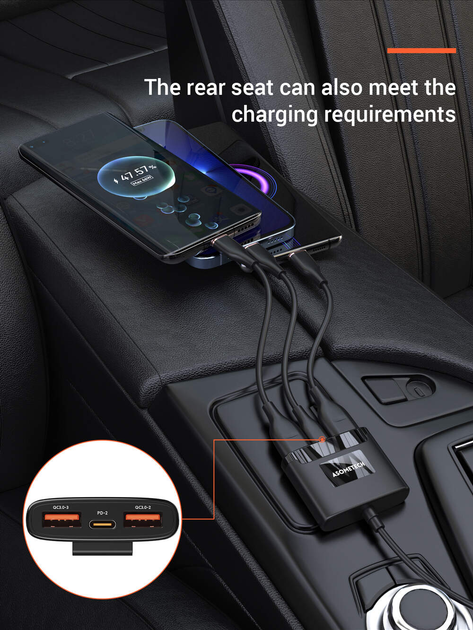 Автомобільний зарядний пристрій 5-в-1 ASOMETECH 78W PD3.0 QC4.0 LED-дисплей з виносним блоком car charger 3xUSB+2xTypeC.