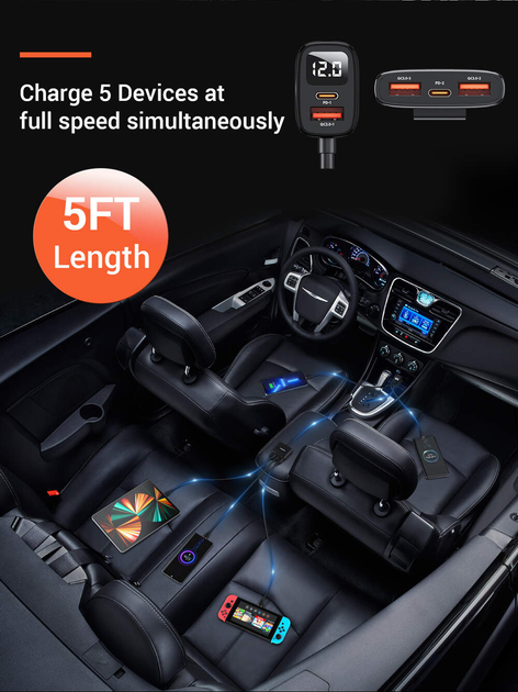 Автомобільний зарядний пристрій 5-в-1 ASOMETECH 78W PD3.0 QC4.0 LED-дисплей з виносним блоком car charger 3xUSB+2xTypeC.