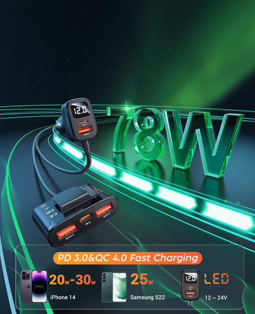 Автомобільний зарядний пристрій 5-в-1 ASOMETECH 78W PD3.0 QC4.0 LED-дисплей з виносним блоком car charger 3xUSB+2xTypeC.