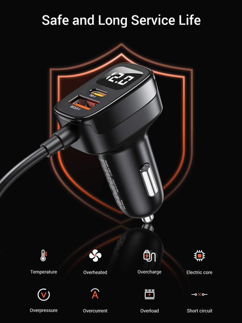 Автомобільний зарядний пристрій 5-в-1 ASOMETECH 78W PD3.0 QC4.0 LED-дисплей з виносним блоком car charger 3xUSB+2xTypeC.