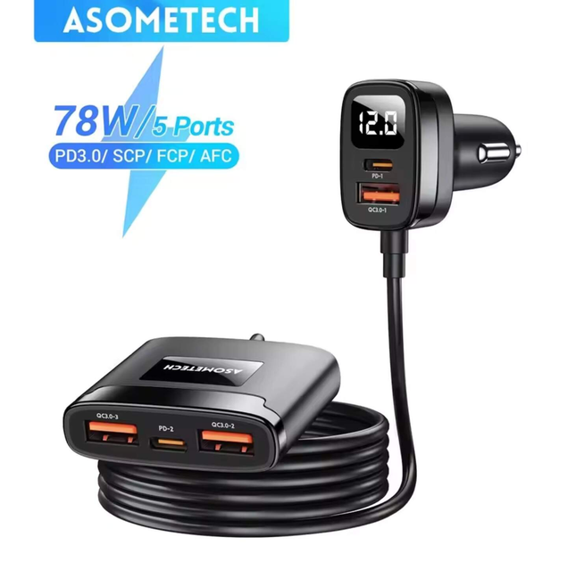 Автомобільний зарядний пристрій 5-в-1 ASOMETECH 78W PD3.0 QC4.0 LED-дисплей з виносним блоком car charger 3xUSB+2xTypeC.