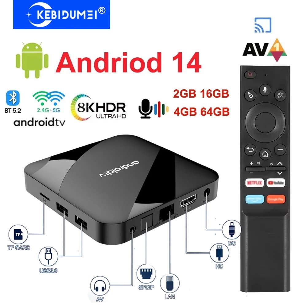 Смарт ТВ приставка AV1 S905W2 4/64 Гб Android 14 TV Box чотириядерний процесор, голосовий пульт — изображение 2