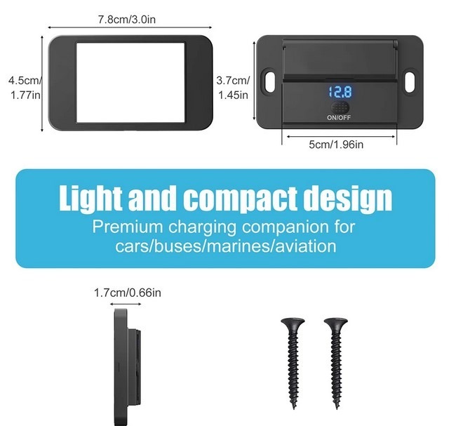 Автомобільний зарядний пристрій 2USB-PD-3порти - 12-24 В для автофургонів, перемикачем та вольтметром — изображение 3