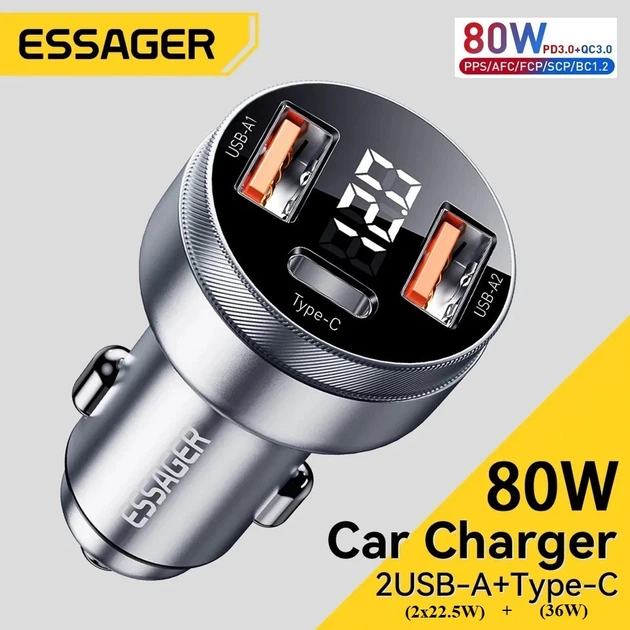 Автомобільний зарядний пристрій Essager 80W LED(1 Type-C 36w + 2 USB 2x22,5w) Metall