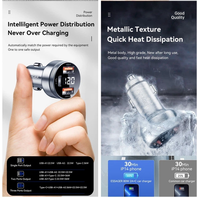 Автомобільний зарядний пристрій Essager 80W LED(1 Type-C 36w + 2 USB 2x22,5w) Metall