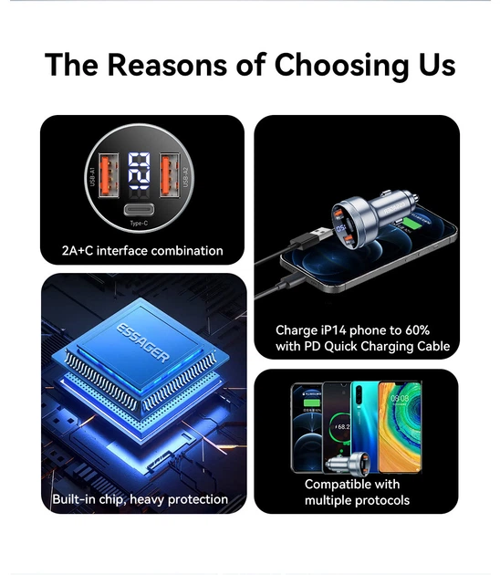 Автомобільний зарядний пристрій Essager 80W LED(1 Type-C 36w + 2 USB 2x22,5w) Metall