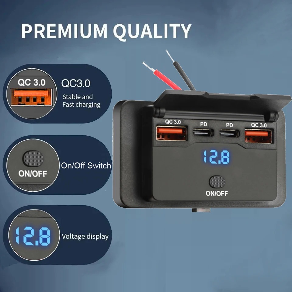 Автомобільна USB накладна зарядка зі шторкою 2хUSB + 2хPD Type-C, 12-24В, QC 3.0 (швидка зарядка), 96W — изображение 7