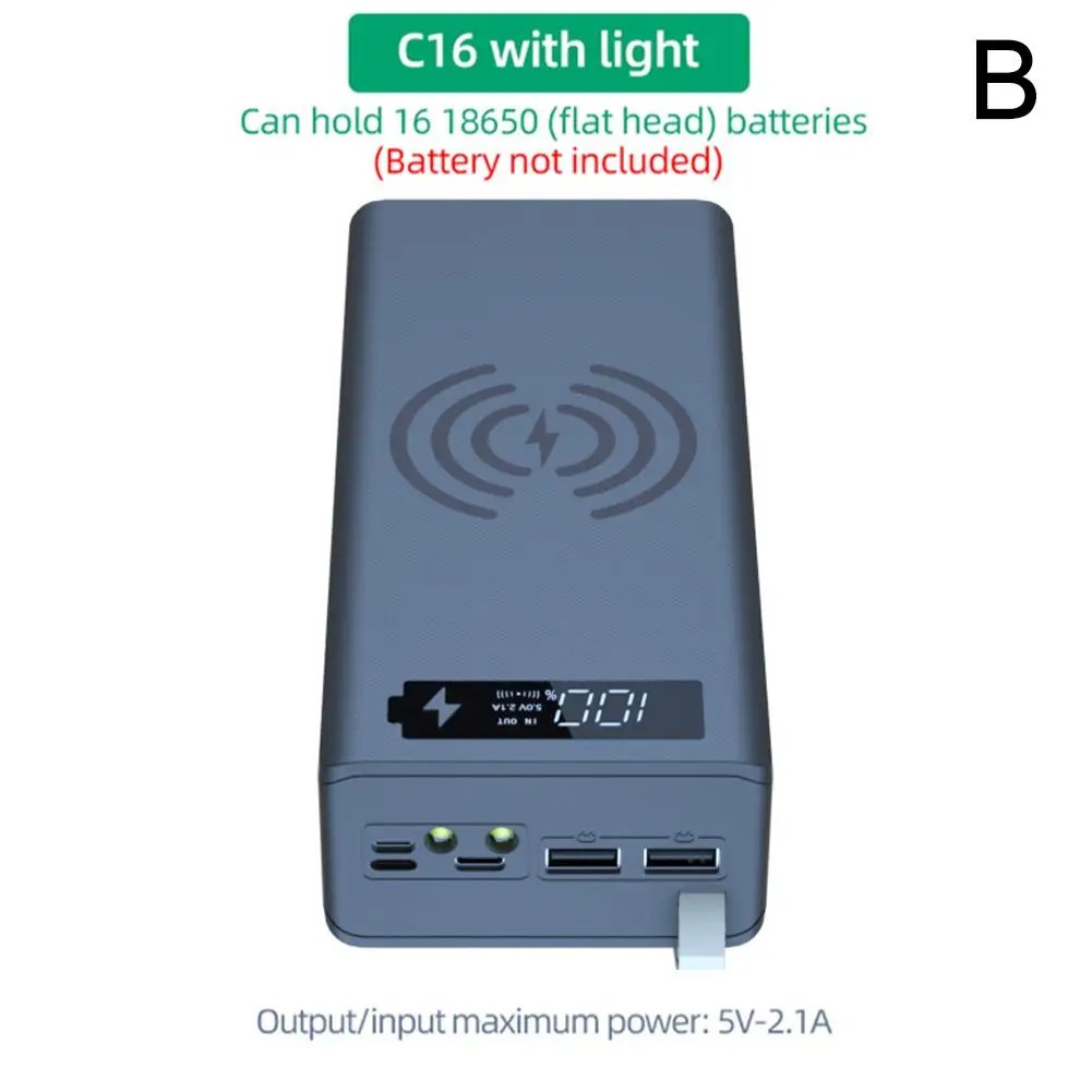 Повербанк BauTech Power Bank під акумулятори 16 х 18650 корпус коробка кейс УМБ (без акумуляторів) Чорний