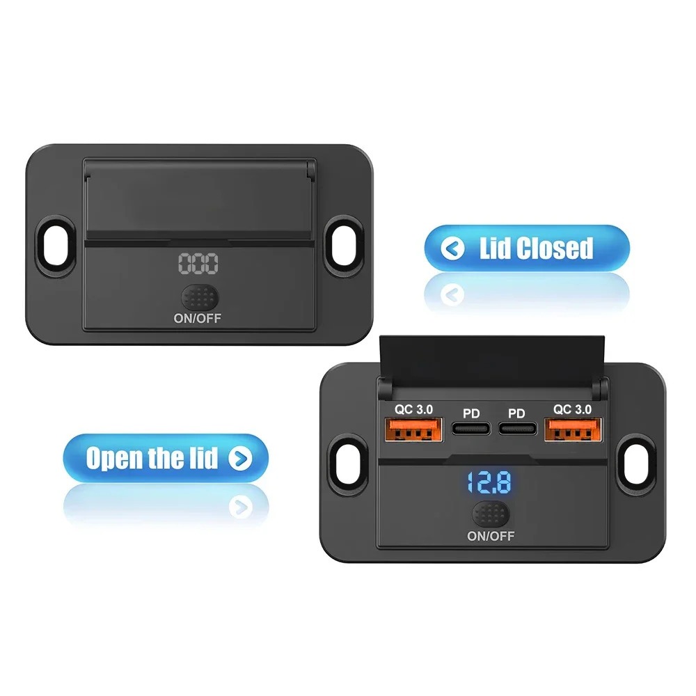 Автомобільна USB накладна зарядка зі шторкою 2хUSB + 2хPD Type-C, 12-24В, QC 3.0 (швидка зарядка), 96W — изображение 6