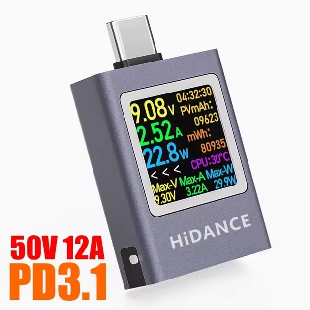 USB-C тестер напруги струму ємності Hidance HDC-085C Вольтметр Амперметр 12А / 50V / 99999mAh / PD3.1 / OLED-дисплей