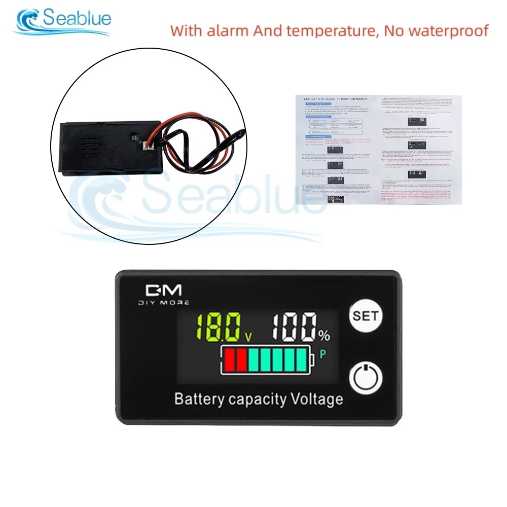 Вольтметр з індикатором ємності заряду акумуляторної батареї DC 8V-100V та датчиком температури модель 6133A