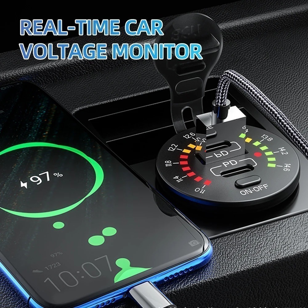 Швидка зарядка автомобільна врізна USB QC 3, TYPE-C з кільцевим вольтметром і кнопкою — изображение 3