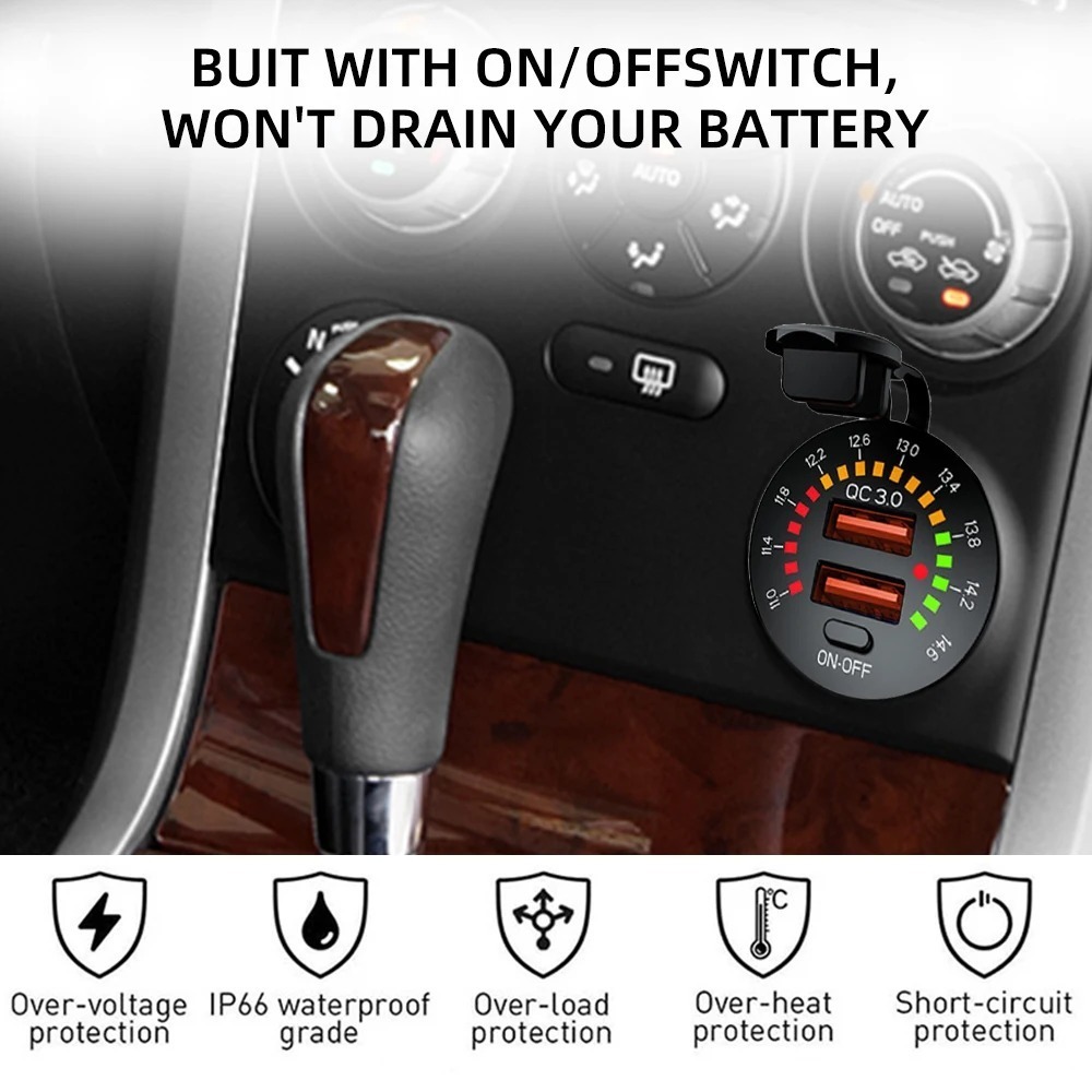 Швидка зарядка автомобільна врізна USB QC 3, TYPE-C з кільцевим вольтметром і кнопкою — изображение 4