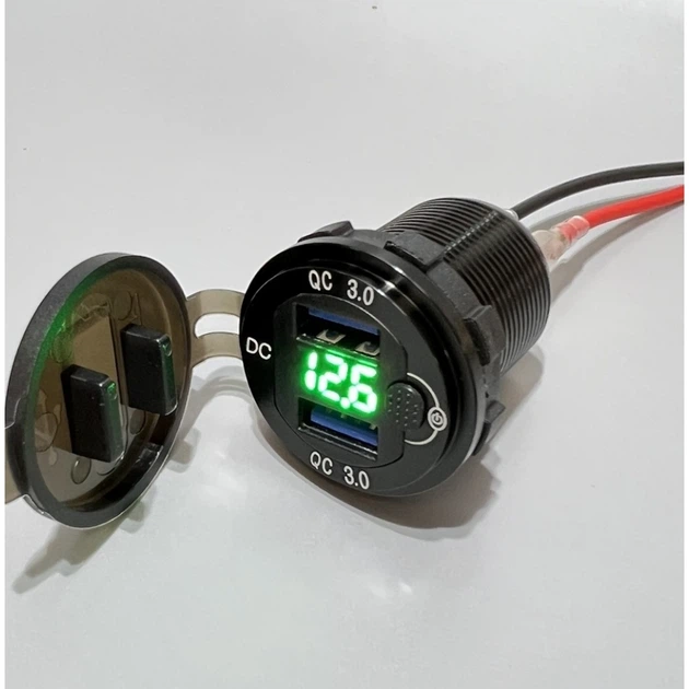 USB зарядка в авто врізна на 2 ЮСБ гнізда з вольтметром 12 - 24 Вольт, QC 3.0 (швидка зарядка) Зелене підсвічування (65737524)