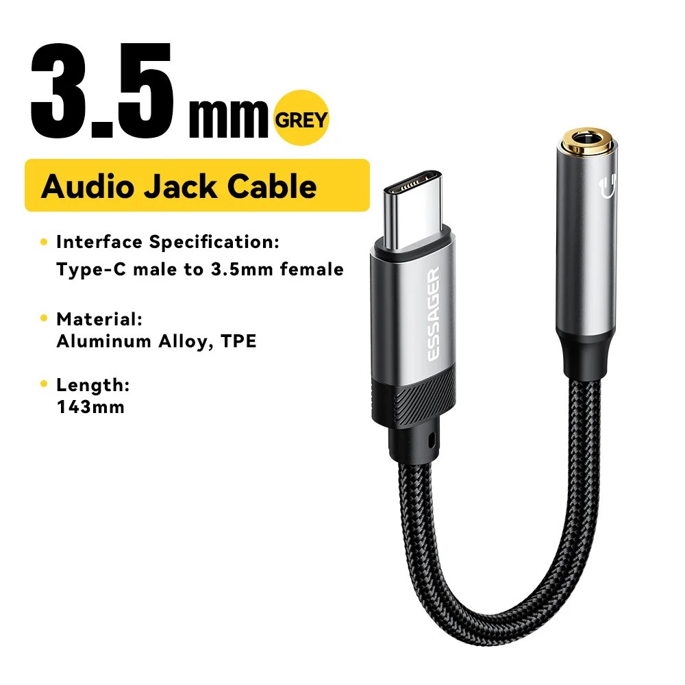 Адаптер Essager USB Type C 3,5 Jack/USB C 3,5 мм AUX для навушників