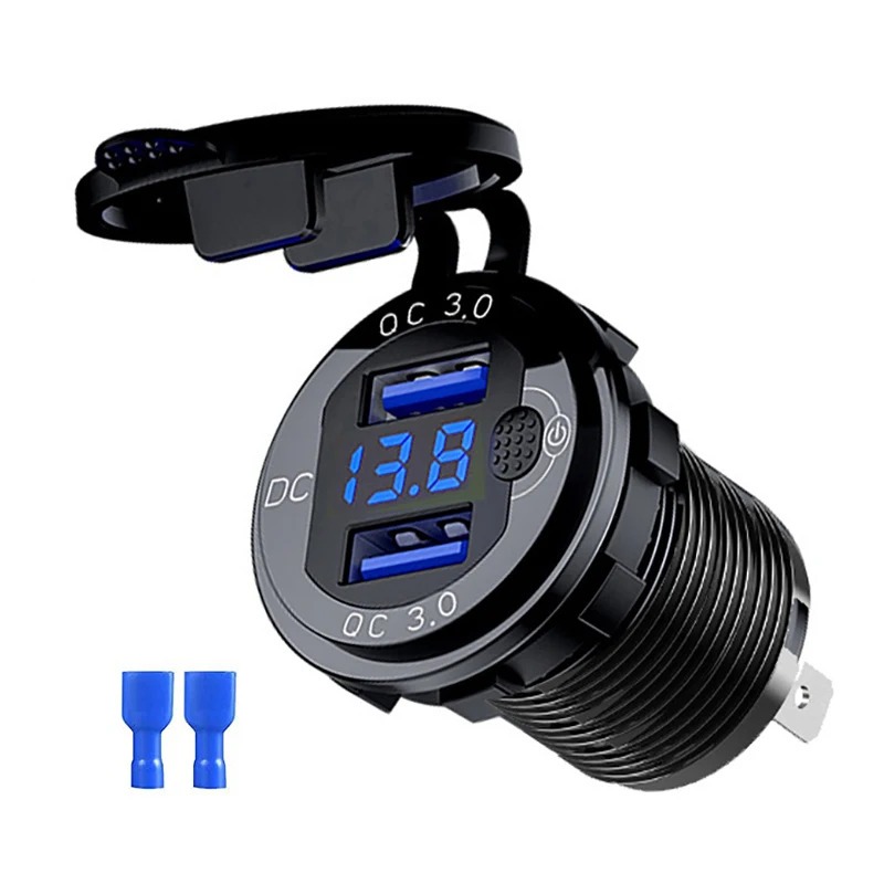 USB зарядка в авто врізна на 2 USB гнізда з вольтметром 12 - 24 Вольт, QC 3.0 (швидка зарядка)