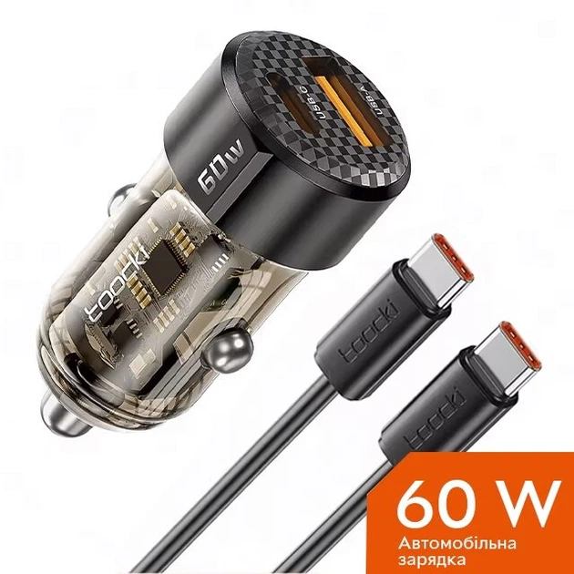 Зарядний пристрій автомобільний в прикурювач Toocki 60W (1 Type-C 30w + 1 USB 30w) з кабилем USB Type-C to Type-C - Black/Transparent
